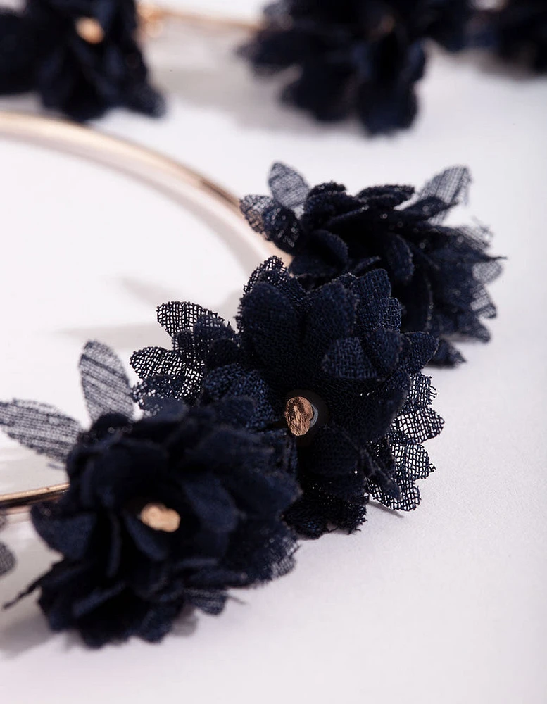 Navy Fabric Flower Hoop Earrings