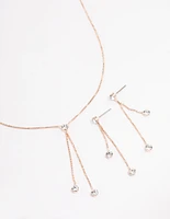 Rose Gold Diamante Drop Earrings Necklace Gift Box