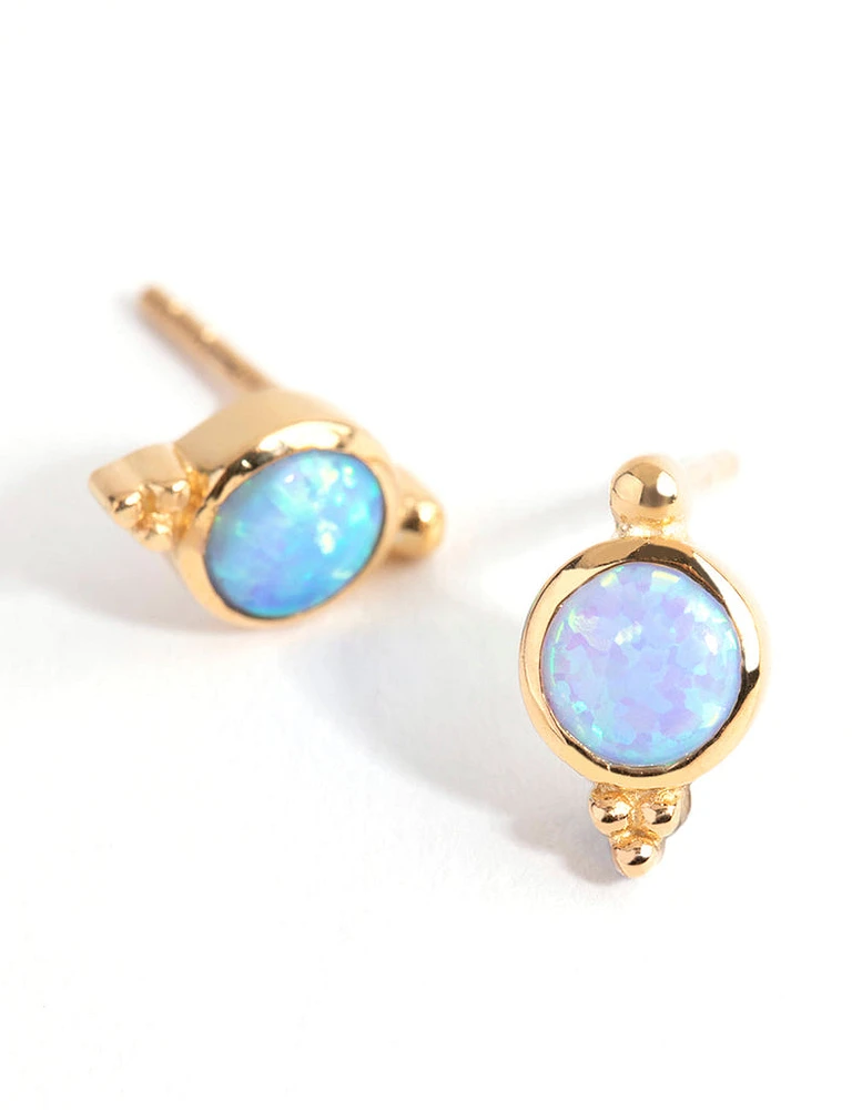 Gold Plated Sterling Silver Blue Synthetic Opal Stud Earrings