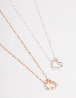 Mixed Metal Diamante Heart Necklace 2 Pack