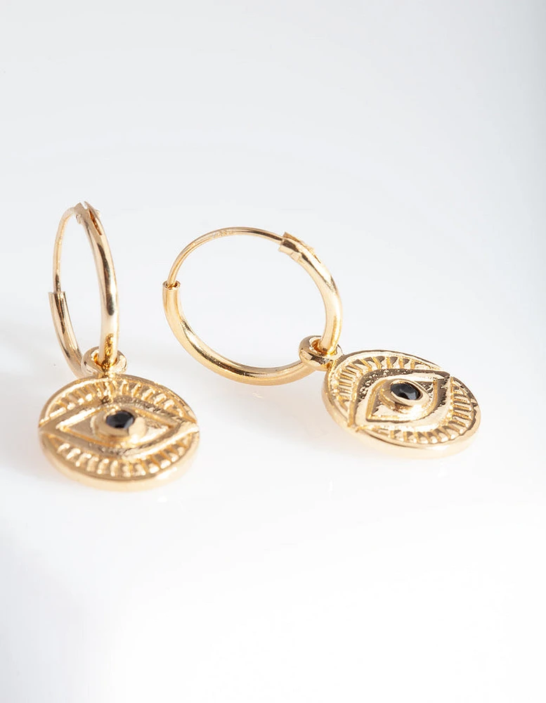 Gold Plated Sterling Silver Evil Eye Charm Hoop Earrings