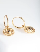 Gold Plated Sterling Silver Evil Eye Charm Hoop Earrings