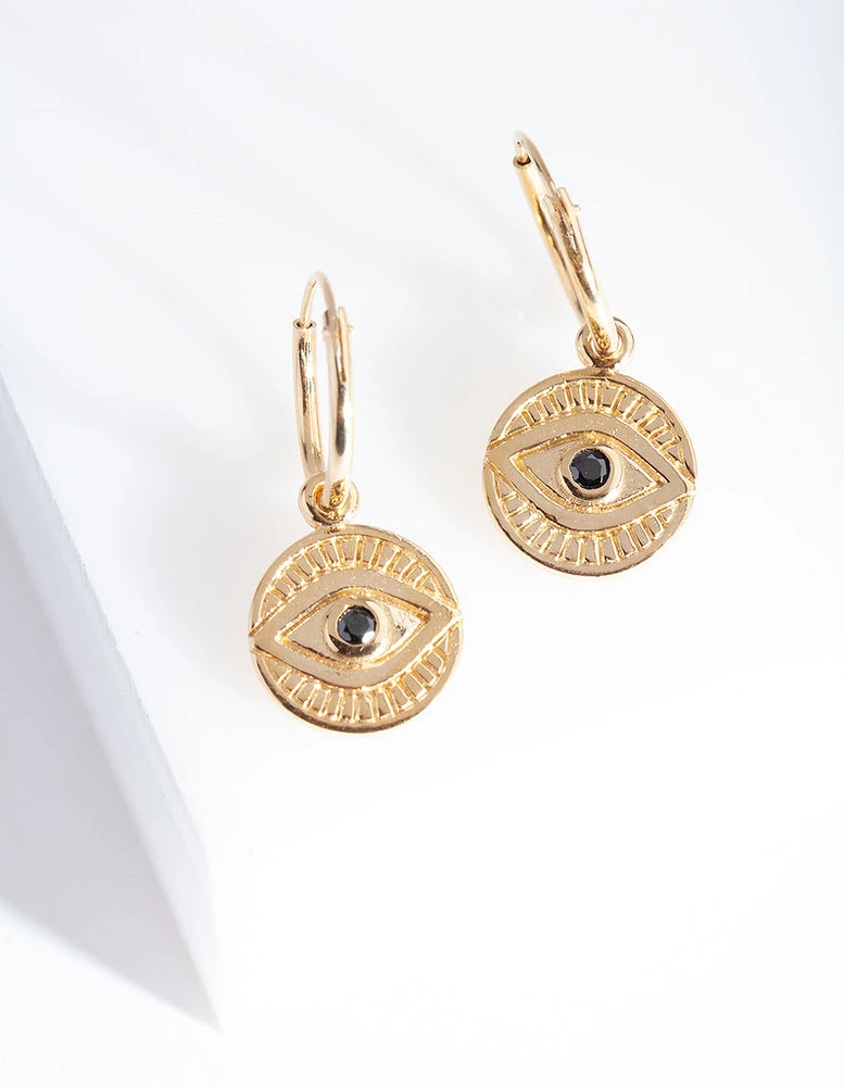 Gold Plated Sterling Silver Evil Eye Charm Hoop Earrings