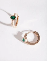 Gold Emerald Facet Huggie Earrings