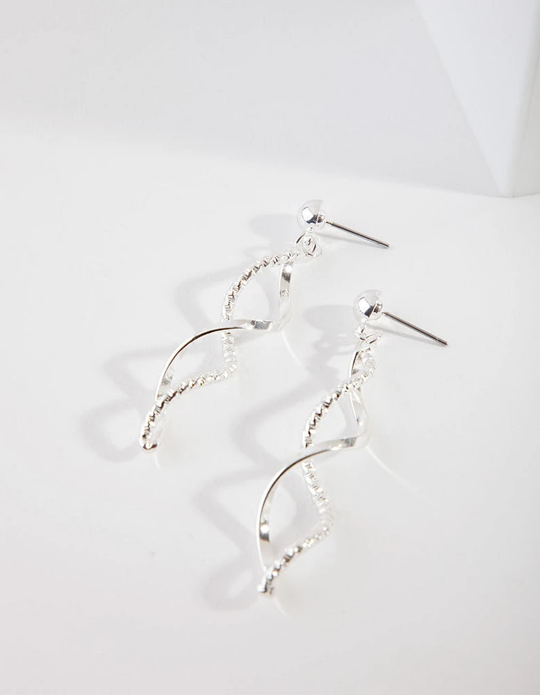 Silver Textured Twist Drop Earrings