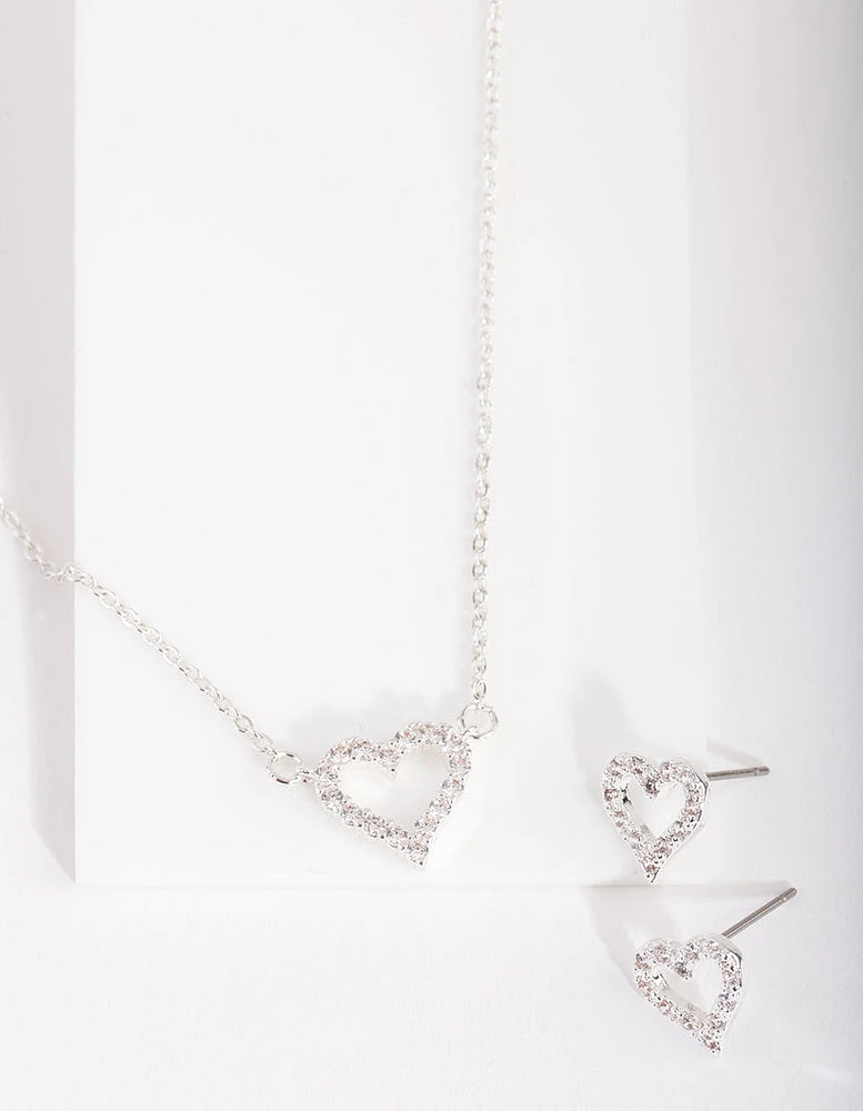 Silver Cubic Zirconia Heart Necklace & Earrings Set