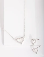 Silver Cubic Zirconia Heart Necklace & Earrings Set