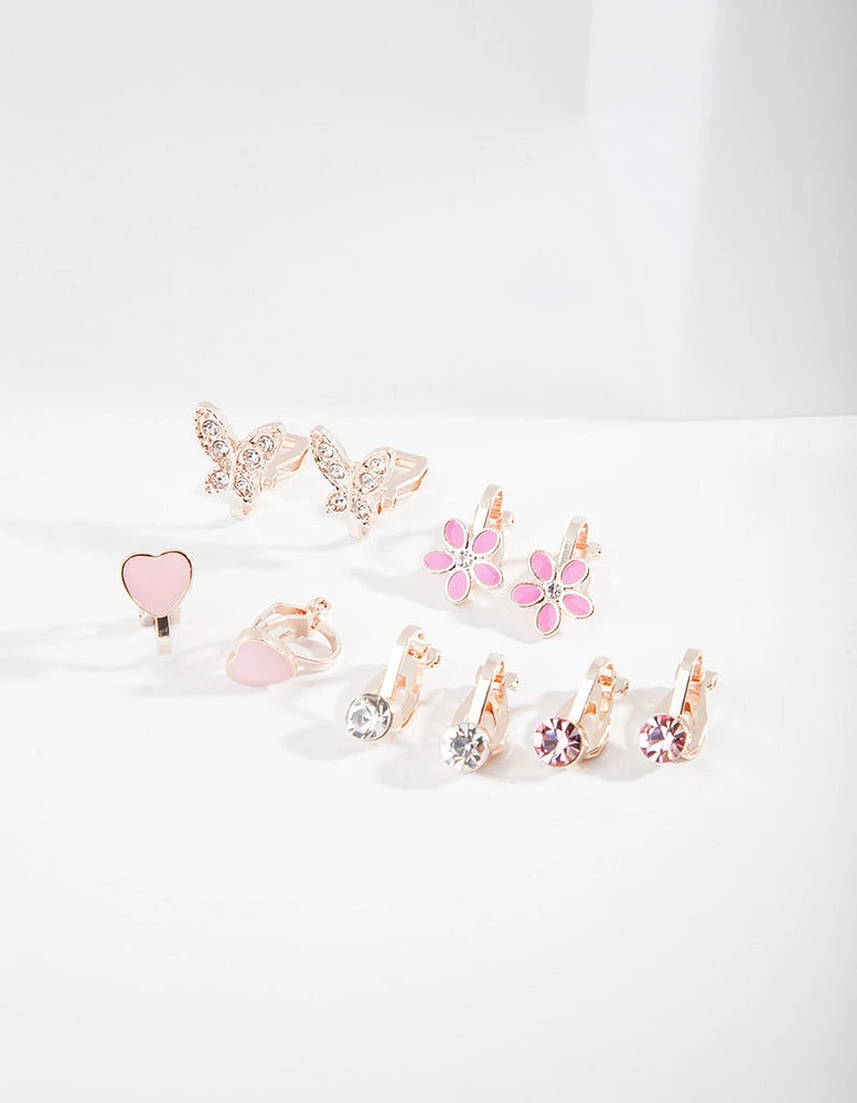 Kids Rose Gold Hearts & Flowers Clip Earring 5-Pack