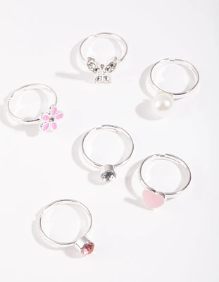 Kids Silver Flower Heart Ring 6-Pack