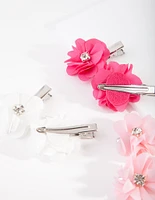 Kids Fabric Diamante Flower Pink Clip 6-Pack