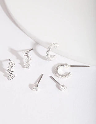 Silver Cubic Zirconia Huggie Star Earring Pack