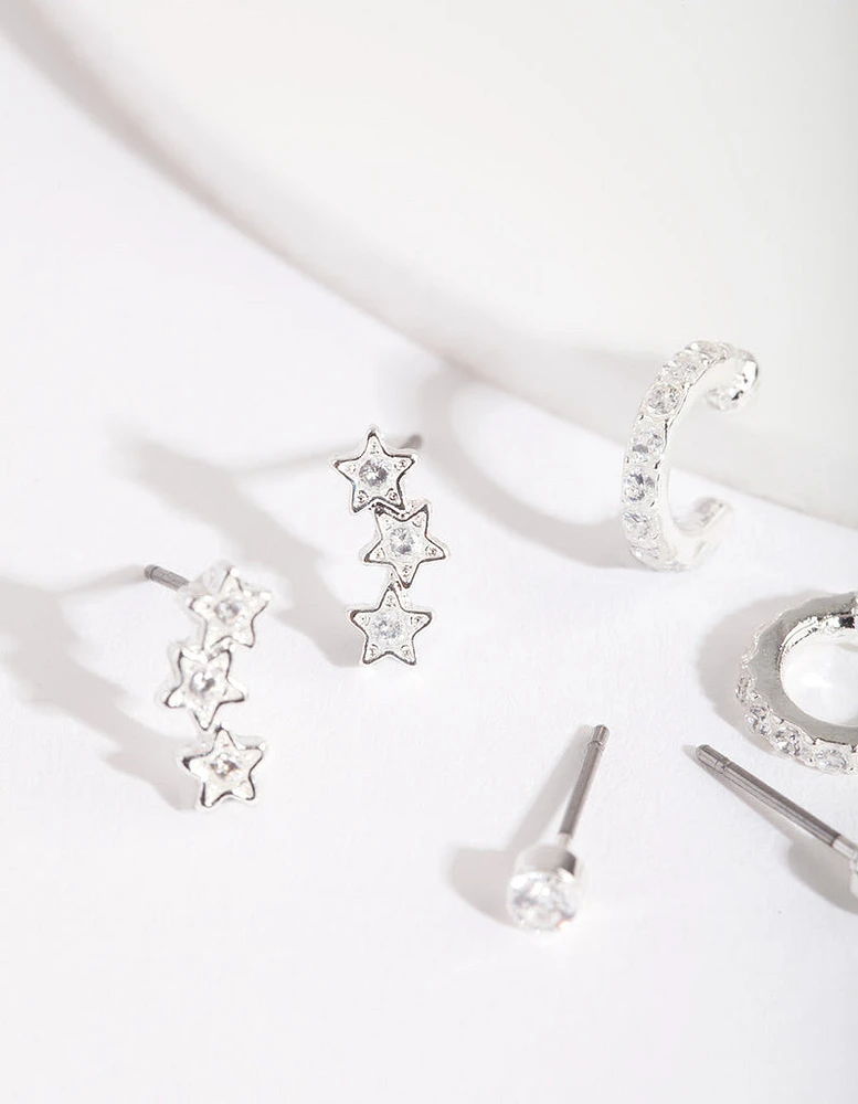 Silver Cubic Zirconia Huggie Star Earring Pack