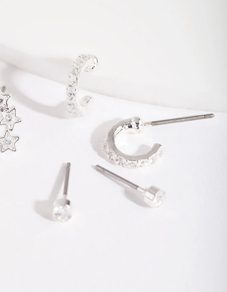 Silver Cubic Zirconia Huggie Star Earring Pack