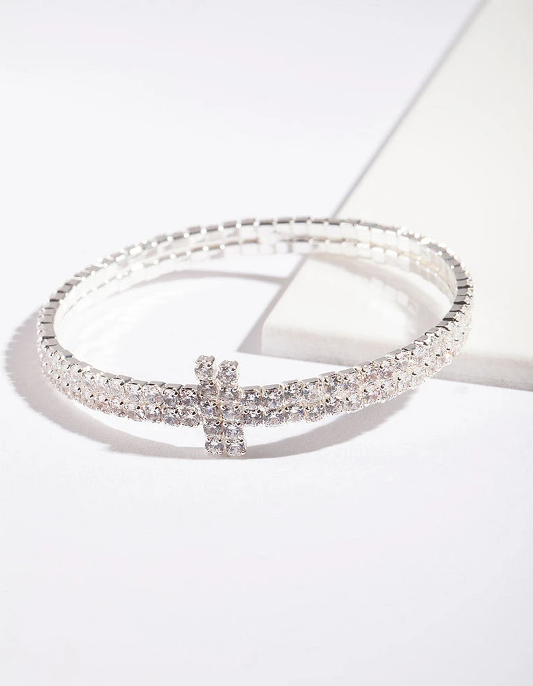 Silver Cubic Zirconia Row T Cuff Bracelet