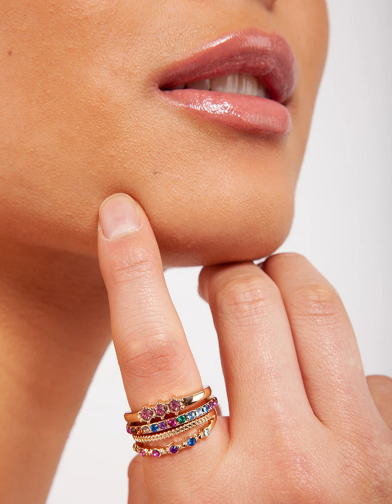 Gold Diamante Rainbow Ring Stack