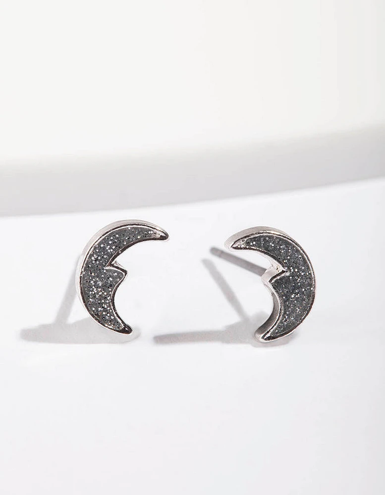 Silver Glitter Moon Stud Earrings