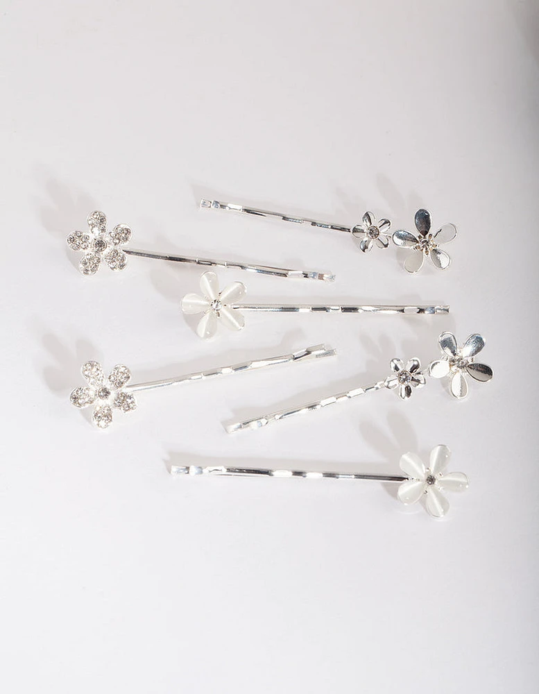 Silver Floral Stone Hair Clip Pack