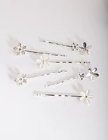 Silver Floral Stone Hair Clip Pack