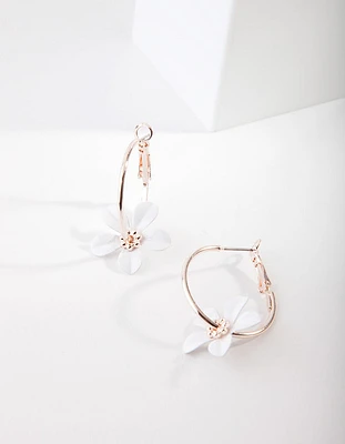 Rose Gold White Flower Hoop Earrings