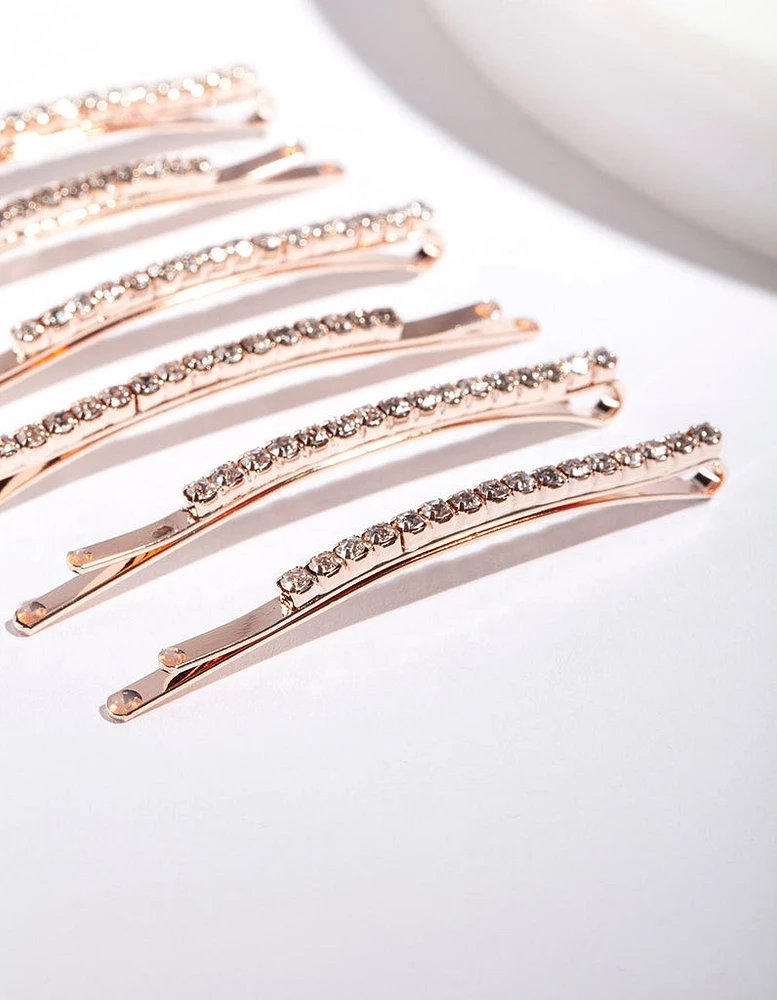 Rose Gold Fine Diamante Clip 6-Pack