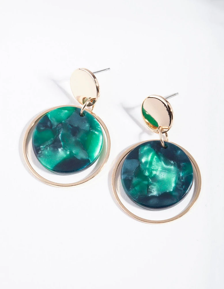 Gold Circle Blue Acrylic Disc Earrings