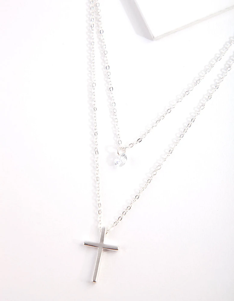 Cubic Zirconia Silver Multi Row Cross Necklace