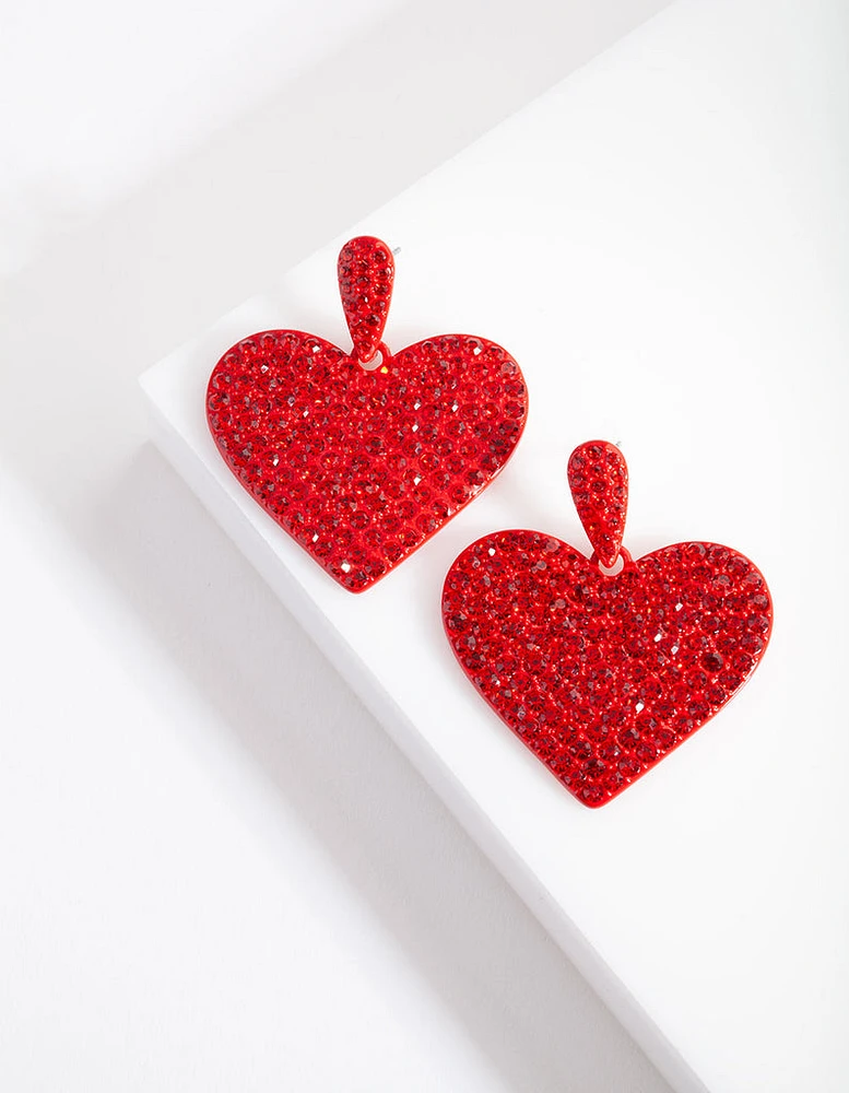 Red Diamante Statement Heart Earring