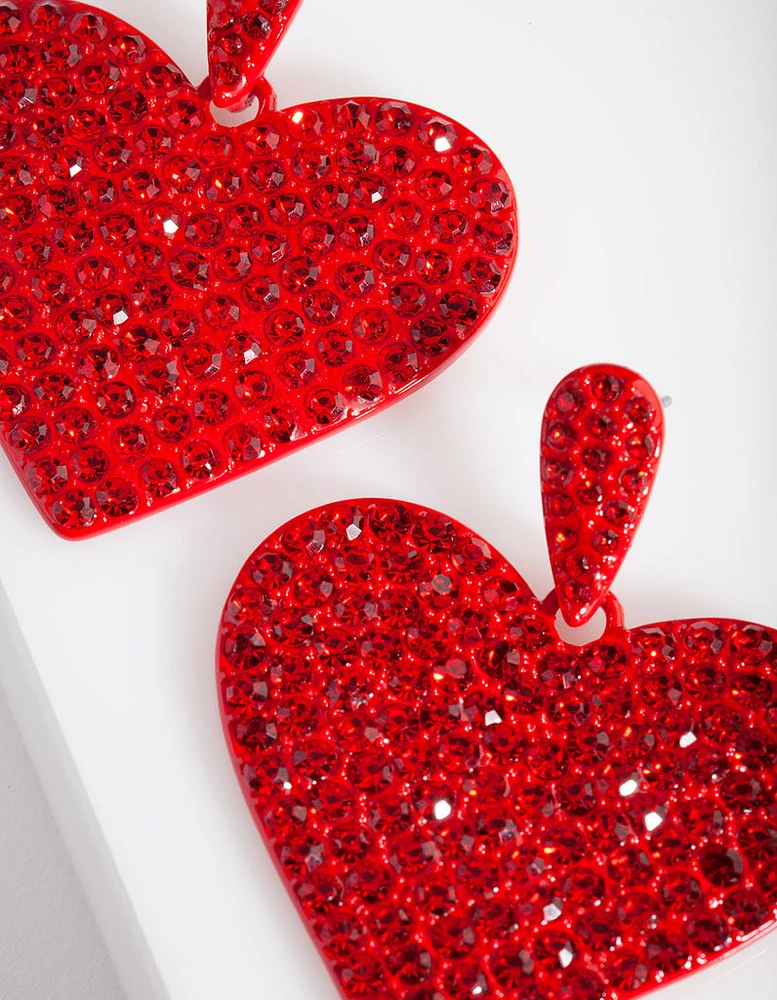 Red Diamante Statement Heart Earring