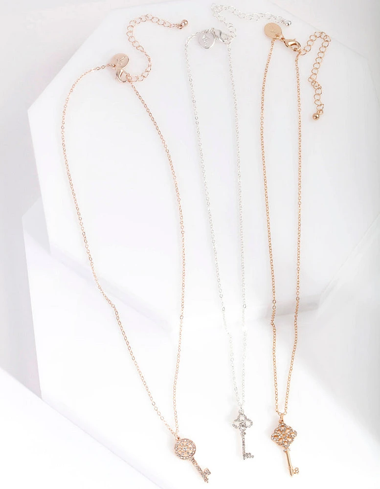 Mixed Metal Diamante Key Necklace Pack