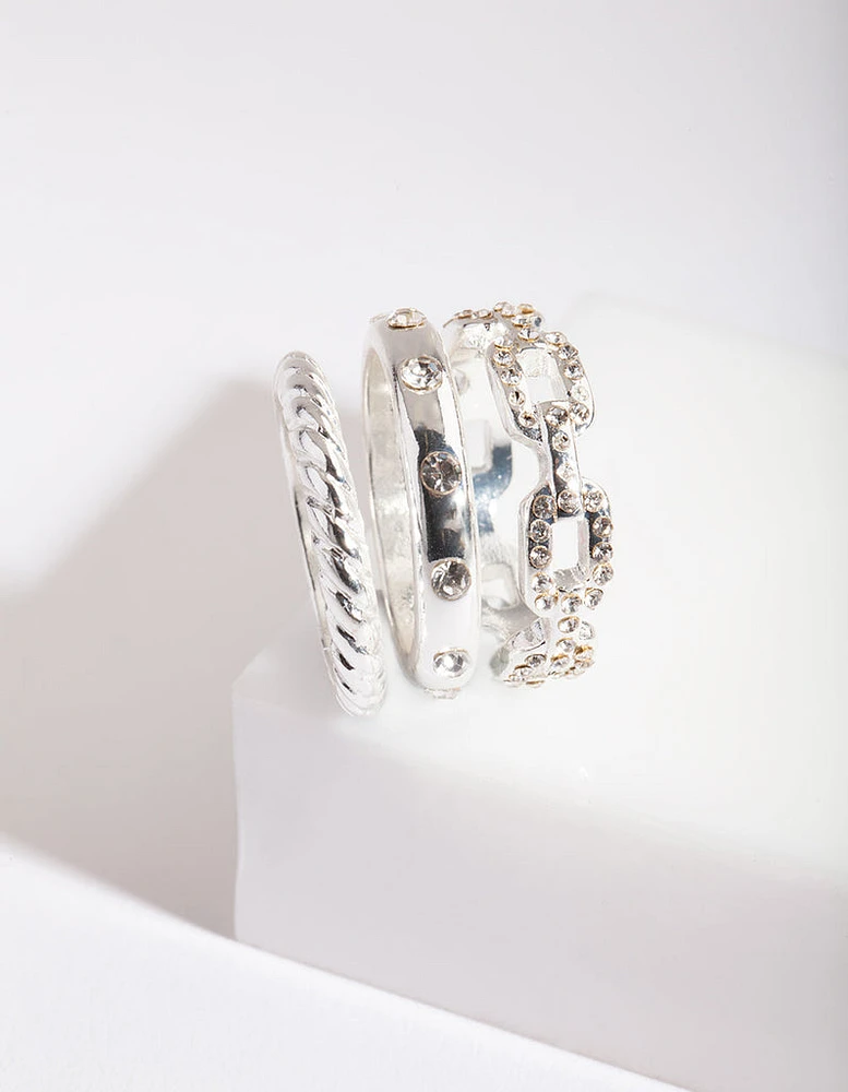 Silver Diamante Chain Ring Stack