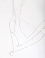 Silver Cubic Zirconia 3 Row Moon & Droplet Necklace