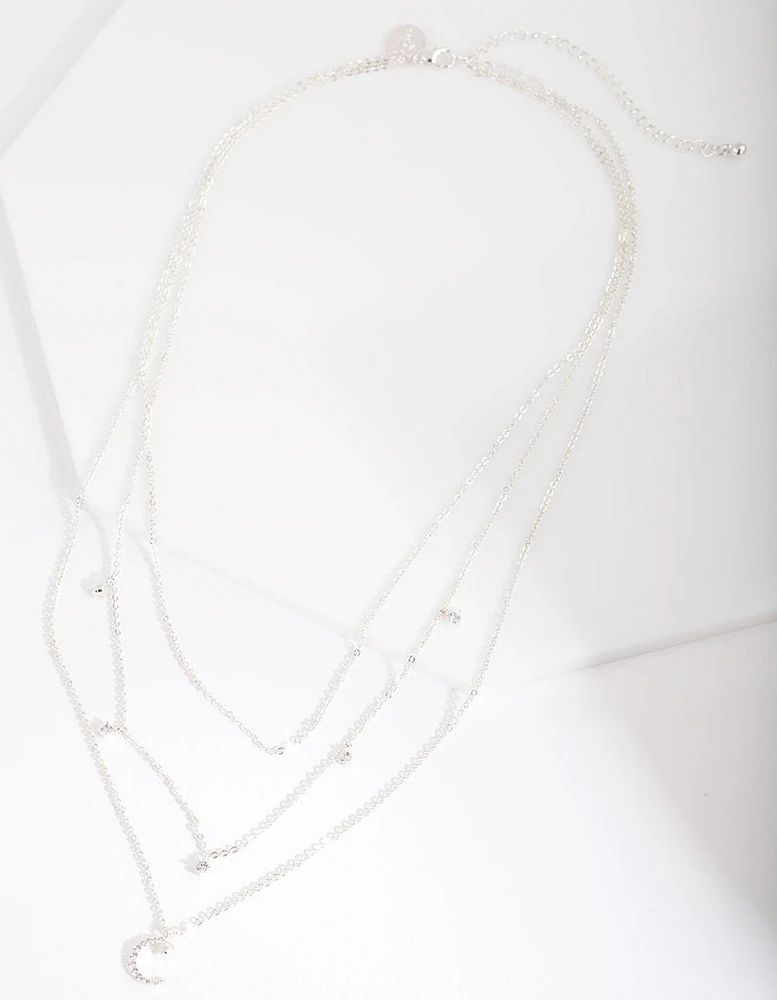 Silver Cubic Zirconia 3 Row Moon & Droplet Necklace