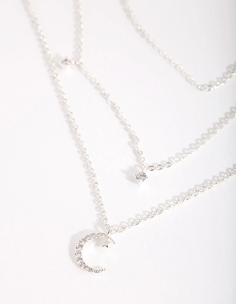 Silver Cubic Zirconia 3 Row Moon & Droplet Necklace