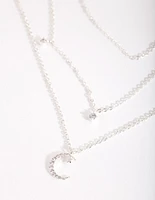 Silver Cubic Zirconia 3 Row Moon & Droplet Necklace