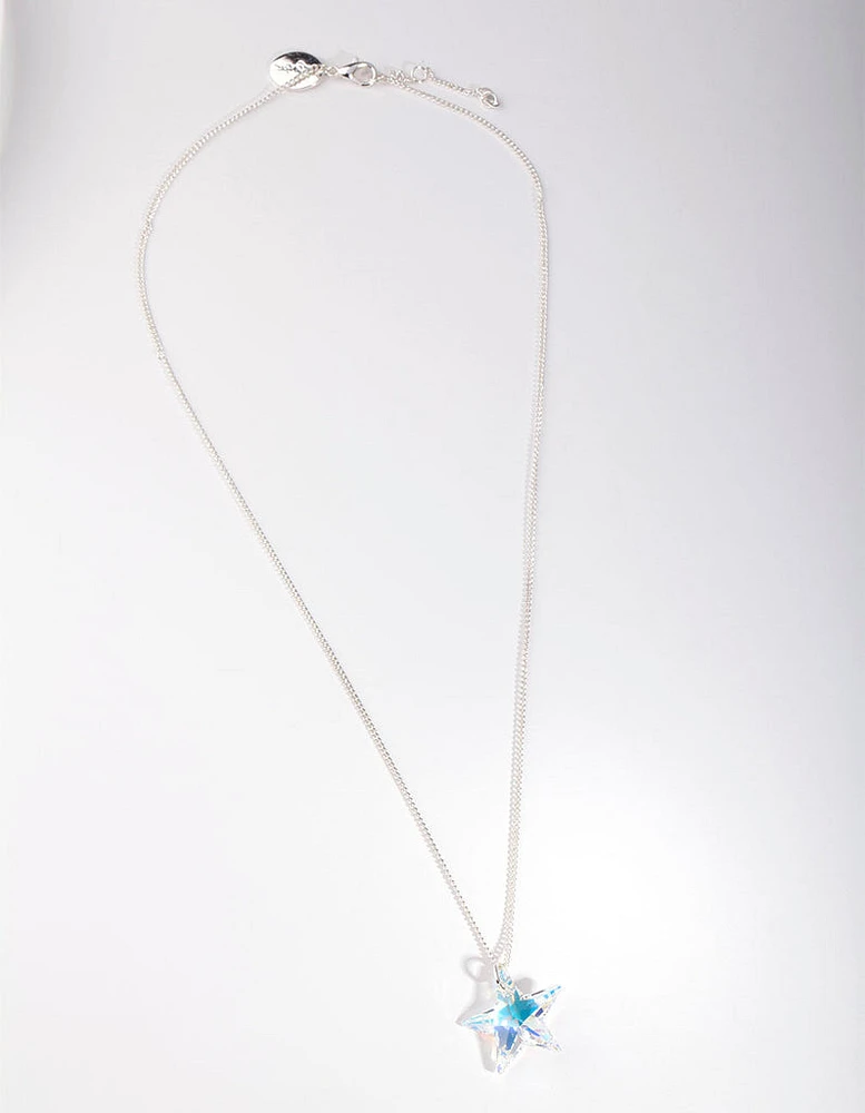 Silver Diamond Simulant Star Crystal Drop Necklace