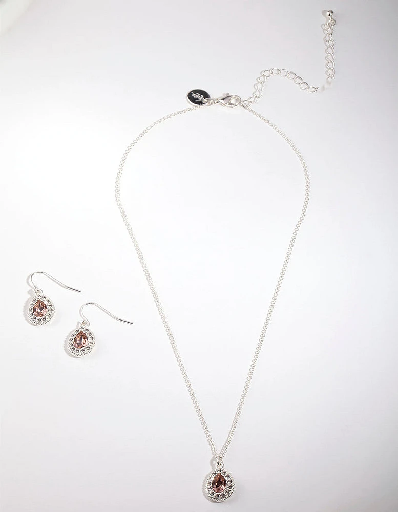 Silver Diamond Simulants Jewel Teardrop Stone Necklace & Earrings Set