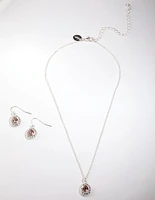 Silver Diamond Simulants Jewel Teardrop Stone Necklace & Earrings Set