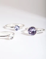 Silver Diamond Simulant Three Stone Ring Set