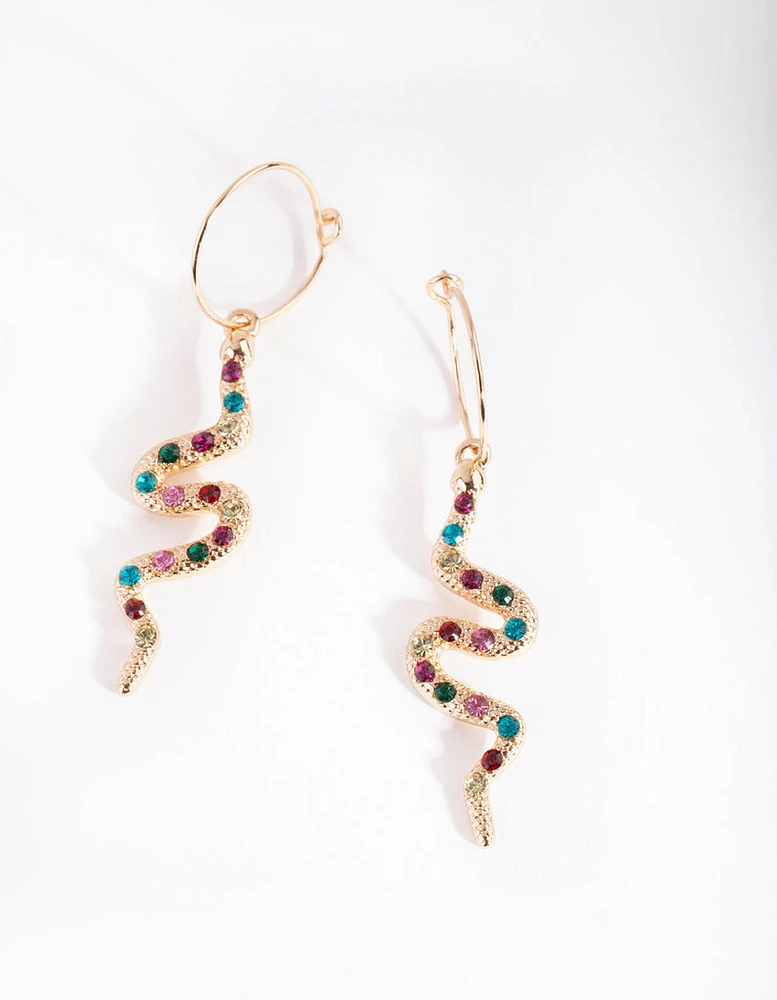 Gold Multi Diamante Snake Drop Earrings