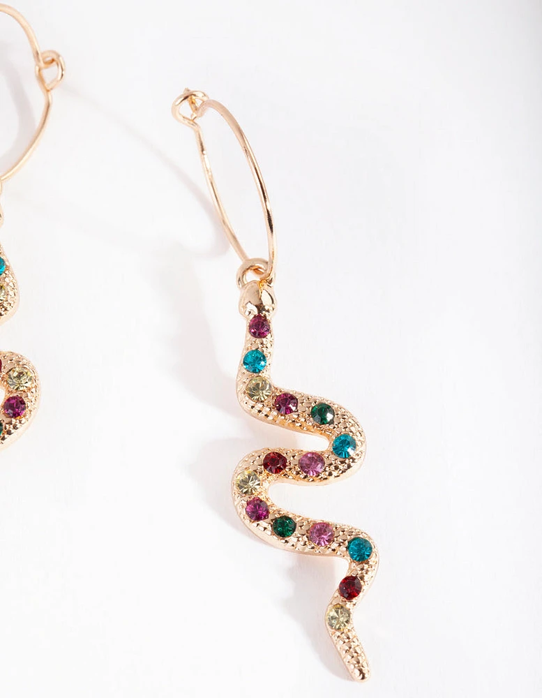 Gold Multi Diamante Snake Drop Earrings