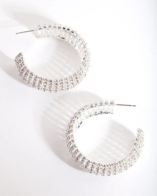 Silver Thick Diamante Hoop Earrings