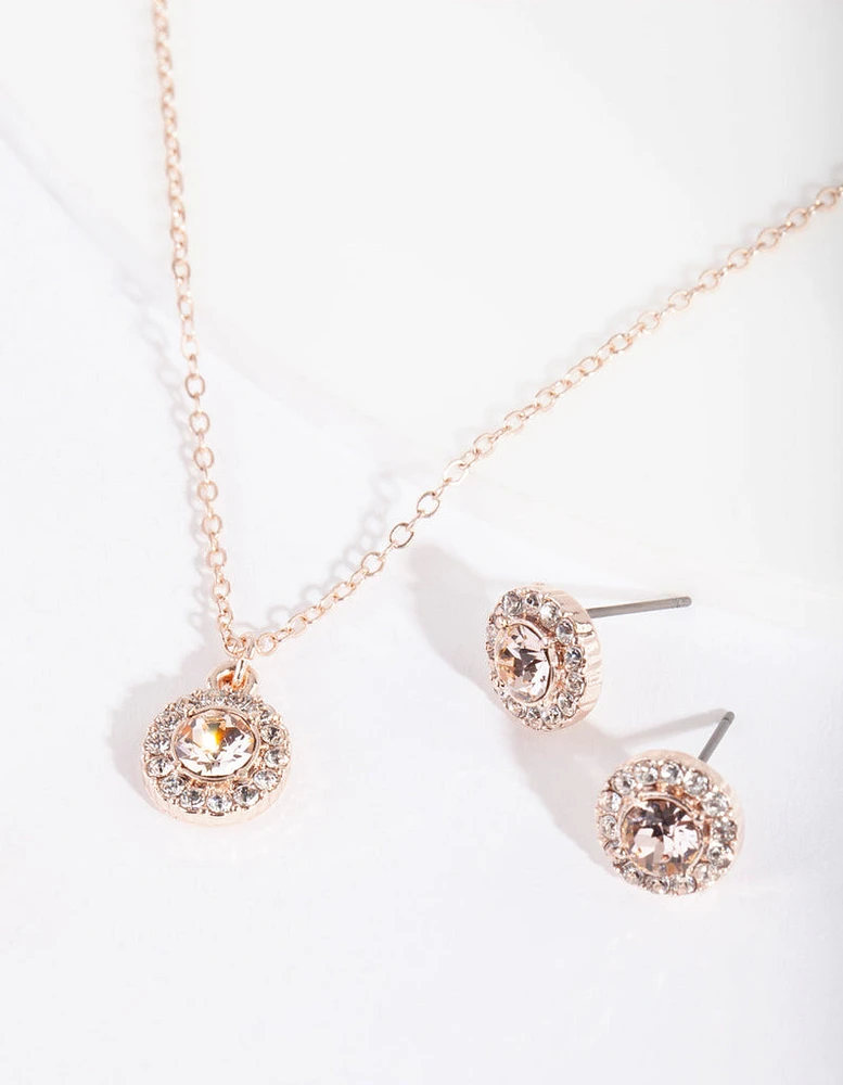 Rose Gold Diamond Simulant Circle Necklace & Earrings Set