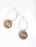 Antique Gold Bohemian Disc Hoop Earrings