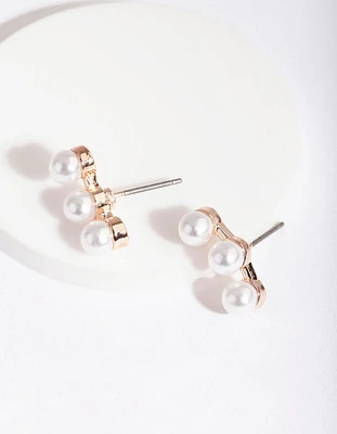 Rose Gold 3 Pearl Crawler Stud Earrings