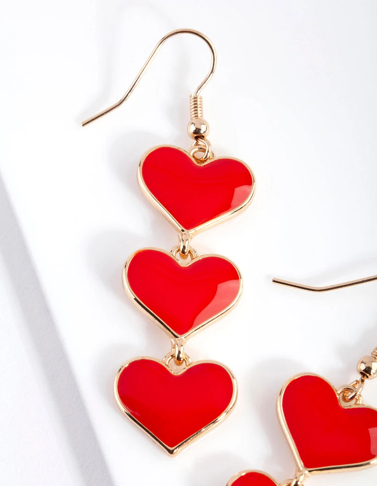 Gold Triple Enamel Heart Earring