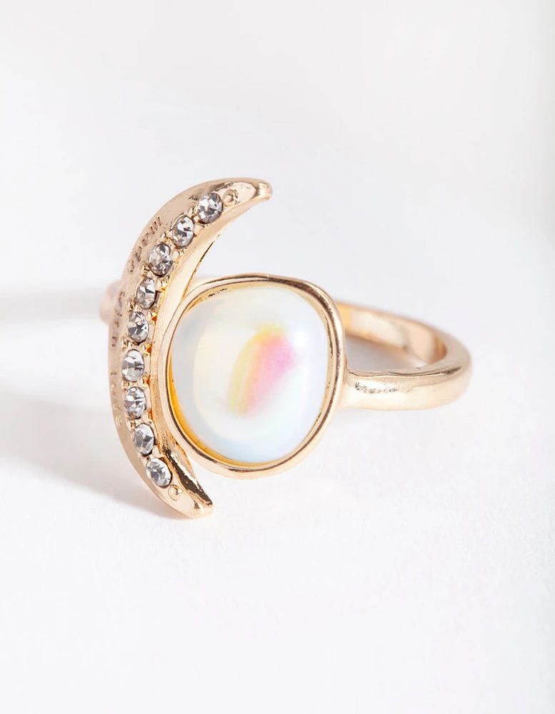 Gold Rainbow Stone & Moon Ring