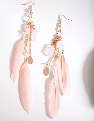 Rose Gold Pink Feather Chain Drop Earrings