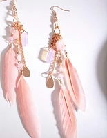 Rose Gold Pink Feather Chain Drop Earrings