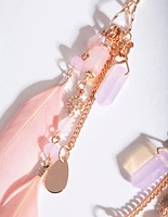 Rose Gold Pink Feather Chain Drop Earrings