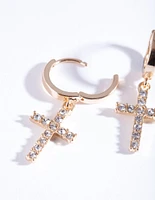 Gold Diamante Cross Huggie Earrings